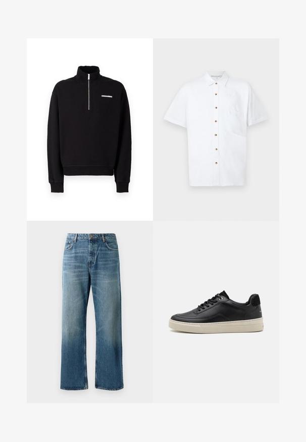 Černá mikina na zip vyrobená z bavlněného směsového materiálu, s vysokým límcem, dlouhými rukávy a předním detailem s logem.; Bílá košile s krátkým rukávem vyrobená z lnu, s knoflíkovým zapínáním vpředu, kapsou na hrudi a dřevěnými knoflíky jako ozdobami.; Svetle modré kalhoty s širokými nohavicemi a vybledlým vzhledem, vybavené zapínáním na jeden knoflík, pěti kapsami a kontrastním prošíváním.; Černé kožené tenisky s nízkým profilem, které mají krémovou gumovou podešev, kulatou špičku a šněrovací design, doplněné černým semišovým podpatkem.