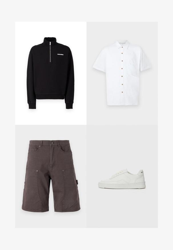 Sort zip-up sweatshirt lavet af en blanding af bomuldsstof, med høj krave, lange ærmer og en logo detalje foran.; Hvid kortærmet skjorte lavet af hør, der har en knaplukning foran, en brystlomme og træknapper som detaljer.; Mørkegrå cargoshorts lavet af bomuld med forlommer, side cargo-lommer, knaplukning og stikninger på benene.; Hvide lædersneakers med en glat overflade, rund tå, flade snørebånd og en tekstureret sål. Har et diskret logo på hælen.