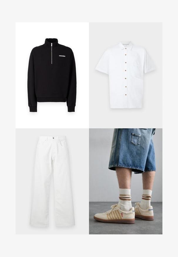 Black zip-up sweatshirt made of cotton blend fabric, featuring a high collar, long sleeves, and a front logo detail.; White short-sleeve shirt made of linen, featuring a button-front closure, a chest pocket, and wooden buttons for accents.; White denim trousers with a straight-leg design, featuring two front pockets and a button closure. Smooth texture with a slightly faded finish.; Beige retro sneakers with brown rubber sole, featuring striped accents and embroidered logos. Worn with white socks, striped brown detail.