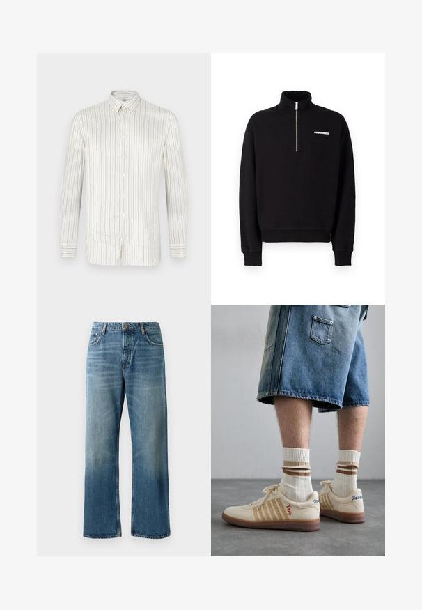Felpa nera con zip realizzata in un tessuto misto cotone, con colletto alto, maniche lunghe e un dettaglio del logo frontale.; Camicia bianca con bottoni, caratterizzata da sottili righe verticali beige. Presenta un colletto a punta, maniche lunghe e polsini con bottoni. Texture liscia.; Jeans a palazzo azzurri chiari con lavaggio sbiadito, dotati di chiusura con un bottone, cinque tasche e cuciture in contrasto.; Sneaker retro beige con suola in gomma marrone, dotate di dettagli a righe e loghi ricamati. Indossate con calze bianche e dettagli marroni a righe.