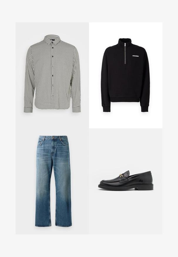 Zwarte zip-up sweatshirt van een katoenmix, met een hoge kraag, lange mouwen en een logo detail aan de voorkant.; Knoopshirt in zwart-wit geruit met een kraag, lange mouwen en een rechte zoom. Bevat een lichtgewicht stof en zwarte knopen.; Lichtblauwe wijde jeans met een vervaagde wassing, voorzien van een enkele knoopsluiting, vijf zakken en contrasterende stiksels.; Zwarte leren instappers met een ronde neus, voorzien van een gouden hardware accent en stikdetails, geplaatst op een lage, getextureerde rubberen zool.