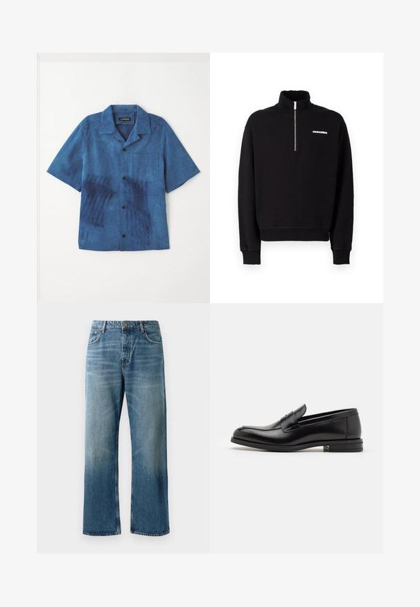 Felpa nera con zip realizzata in un tessuto misto cotone, con colletto alto, maniche lunghe e un dettaglio del logo frontale.; Camicia blu a maniche corte realizzata in tessuto morbido, caratterizzata da una tasca frontale, bottoni neri e una texture unica con motivi blu scuri.; Jeans a palazzo azzurri chiari con lavaggio sbiadito, dotati di chiusura con un bottone, cinque tasche e cuciture in contrasto.; Mocassini neri in pelle con una texture liscia, punta arrotondata e una striscia decorativa sulla tomaia. Tacco basso impilato, design minimalista.