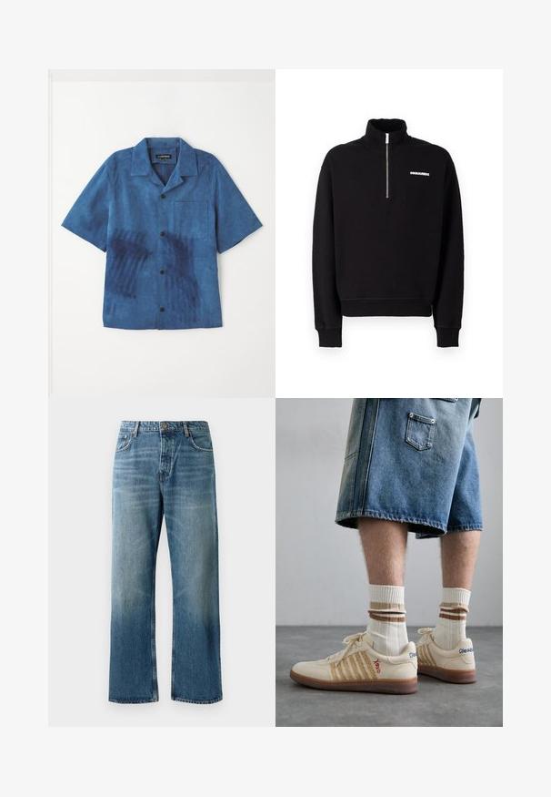 Schwarze Zip-up Sweatjacke aus einem Baumwollmischgewebe, mit hohem Kragen, langen Ärmeln und einem Logodetail auf der Vorderseite.; Blaues kurzärmliges Hemd aus weichem Stoff, das eine Fronttasche, schwarze Knöpfe und eine einzigartige Textur mit dunkleren blauen Mustern aufweist.; Helle blaue, weit geschnittene Jeans mit einer verblassten Waschung, ausgestattet mit einem Ein-Knopf-Verschluss, fünf Taschen und kontrastierenden Nähten.; Beige Retro-Sneaker mit braunem Gummisohle, mit gestreiften Akzenten und gestickten Logos. Getragen mit weißen Socken, gestreiftem braunen Detail.