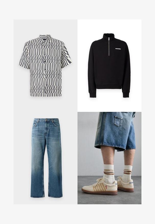 Sort zip-up sweatshirt lavet af en blanding af bomuldsstof, med høj krave, lange ærmer og en logo detalje foran.; Kortærmet skjorte med knapper i cremefarve med marineblå lodrette striber, der har et bølgemønster, klassisk krave og regular fit design.; Lysblå brede jeans med en falmet vask, prydet med enkeltknaplukning, fem lommer og kontrastsyede detaljer.; Beige retro sneakers med brun gummisål, der har stribede detaljer og broderede logoer. Bæres med hvide sokker og stribet brun detalje.