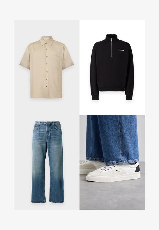 Zwarte zip-up sweatshirt van een katoenmix, met een hoge kraag, lange mouwen en een logo detail aan de voorkant.; Korte mouwen, lichtbeige shirt gemaakt van zachte stof, met een kraag, sluiting met knopen aan de voorkant en een enkele borstzak.; Lichtblauwe wijde jeans met een vervaagde wassing, voorzien van een enkele knoopsluiting, vijf zakken en contrasterende stiksels.; Witte en zwarte sneakers met een glad leren bovenwerk, textuuraccenten en een chunky witte zool. Heeft een klassiek vetersluiting ontwerp.