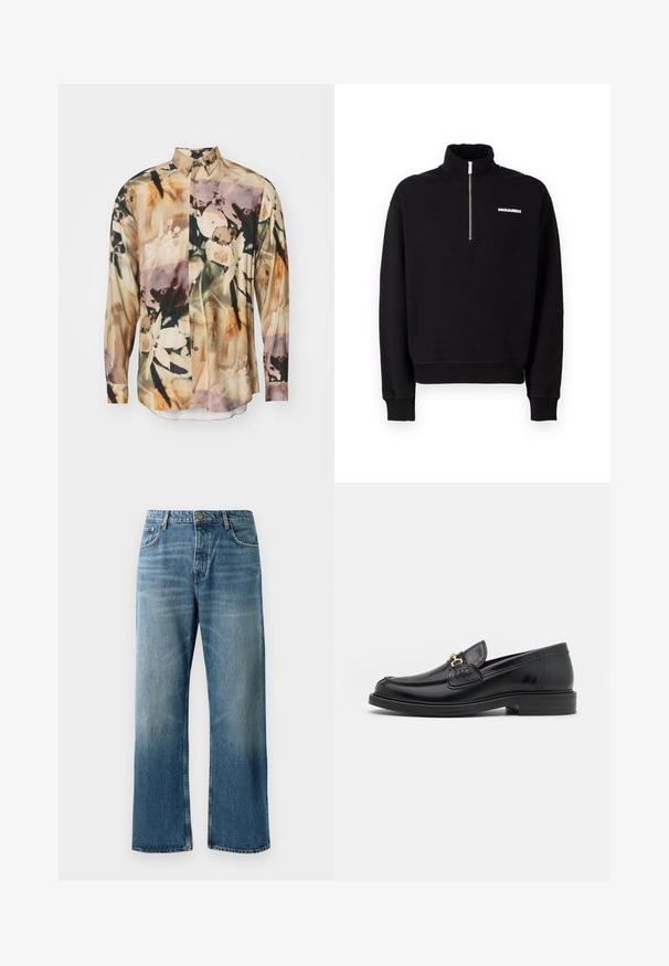 Melnas apģērbu mētelis ar rāvējslēdzēju, izgatavots no kokvilnas maisījuma auduma, ar augstu apkakli, garām piedurknēm un logo detaļu priekšpusē.; Garā piedurkņu krekls no caurspīdīgas auduma ar ziedu rakstu bālās krāsās. Tam ir pogas uz apkakles un priekšpusē, ar izliekto apakšdaļu.; Gaisni zilas plata kāju džinsi ar izbalējušu mazgāšanu, ar vienu pogu, piecām kabatām un kontrastējošiem šuvēm.; Melnas ādas loafers ar noapaļotu degunu, ar zelta aparatūras akcentu un šuvju detaļām, uz zemas, teksturētas gumijas zoles.