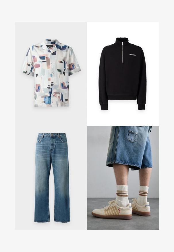 Sweatshirt zippé noir en tissu mélangé coton, avec un col haut, des manches longues et un détail logo à l'avant.; Chemise à manches courtes en tissu léger, arborant un motif abstrait dans des teintes pastel et bleu foncé sur fond blanc.; Jeans oversize bleu clair avec un délavage, featuring une fermeture à un bouton, cinq poches et des coutures contrastées.; Baskets rétro beiges avec une semelle en caoutchouc brun, ornées d'accents rayés et de logos brodés. Portées avec des chaussettes blanches, détails rayés bruns.