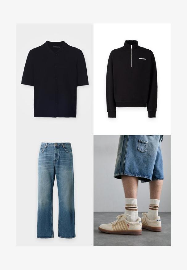 Mustat vetoketjulliset hupparit, jotka on valmistettu puuvillasekoitteesta. Niissä on korkea kaulus, pitkät hihat ja etupuolella logo.; Lyhythihainen musta nappipaita teksturoidusta kankaasta, jossa on leirikaulus ja kuusi vastaavaa nappia edessä.; Vaaleansiniset leveät farkut haalistuneella pesulla, joissa on nappisulku, viisi taskua ja erottuva tikkaus.; Beige retro lenkkarit ruskealla kumipohjalla, joissa on raidalliset yksityiskohdat ja brodeeratut logot. Yhdistetty valkoisten sukien kanssa, joissa on ruskeat raidat.