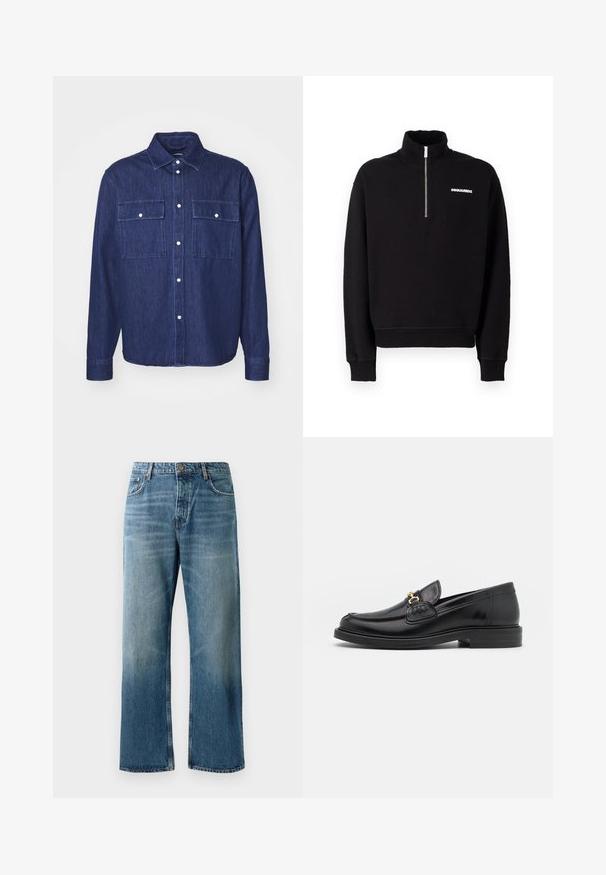 Mustaga tõmblukuga kapuutsiga jaki, mis on valmistatud puuvilla segamakst kangast, omab kõrget kraed, pikkasid varrukaid ja esitlogoga detaili.; Tume denimist särk, kus on allapoole käiv krae, kaks rinda taskut ja pikad varrukad. Omab valgeid nuppe ja kerget tekstuuri.; Heledad sinised laiad teksad, millel on pleekinud pesu, koos ühe nupuga kinnitusega, viie taskuga ja kontrastõmblustega.; Mustad nahast loafers ümarate varvastega, millel on kuldne riistvaraline aksessuaar ja tikandite detail, paigutatud madalale, tekstureeritud kummist tallale.