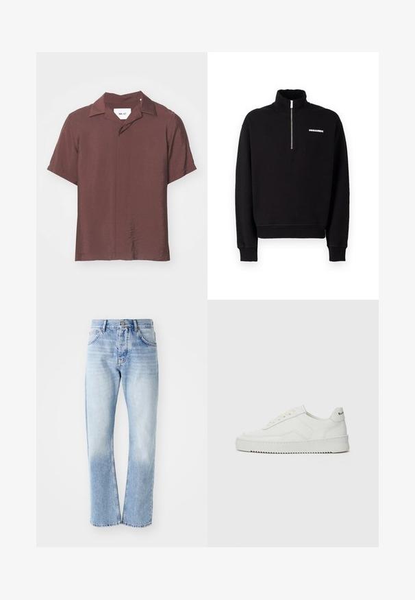 Sweatshirt zippé noir en tissu mélangé coton, avec un col haut, des manches longues et un détail logo à l'avant.; Chemise à manches courtes, col classique, d'une couleur bordeaux profonde. Tissu texturé et léger avec une coupe décontractée et un léger brillant. Étiquette visible.; Jean en denim bleu clair avec une coupe droite. Présente un design à cinq poches, un zip, et une texture décolorée vers le bas.; Baskets en cuir blanc avec une finition lisse, bout arrondi, lacets plats et semelle texturée. Présente un logo discret sur le talon.