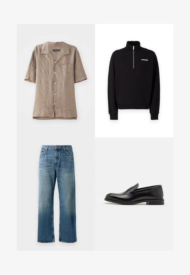 Crna zip-up dukserica izrađena od mješavine pamuka, sa visokim ovratnikom, dugim rukavima i detaljem loga sprijeda.; Ljetna košulja s kratkim rukavima od lana u svijetlosmeđoj boji, s kragnom, prednjim džeparom i dugmadi sprijeda. Mekani sastav s prirodnim uzorkom tkanja.; Svijetloplave traperice širokih nogavica s izblijedjelim pranjem, s jednim gumbom za zatvaranje, pet džepova i kontrastnim šavovima.; Crni kožni mokasini s glatkom teksturom, zaobljenim prstima i ukrasnom trakom preko prednjeg dijela. Niski slojeviti potplat, minimalistički dizajn.
