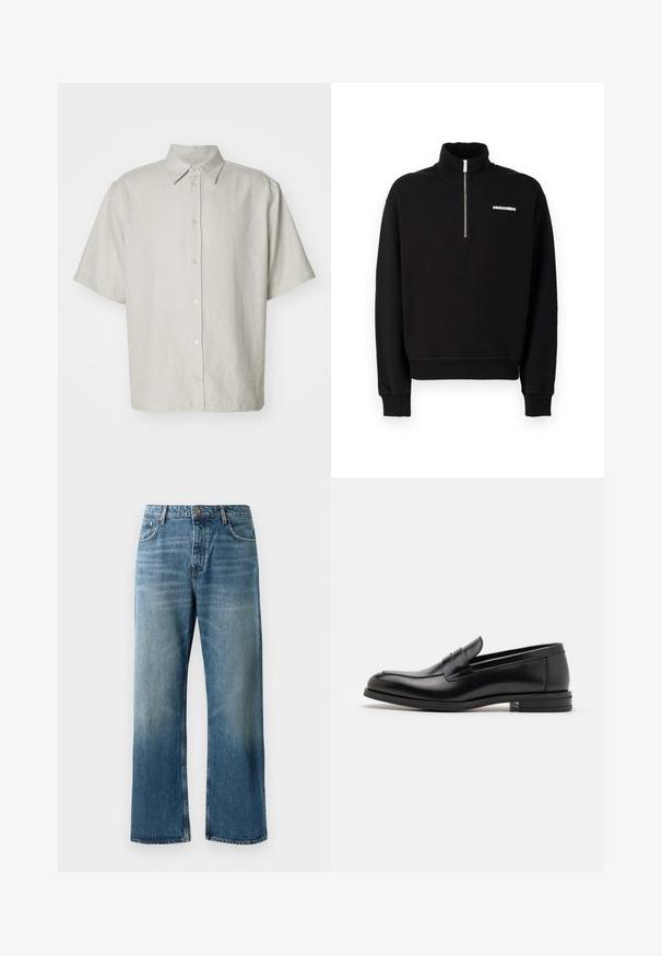 Felpa nera con zip realizzata in un tessuto misto cotone, con colletto alto, maniche lunghe e un dettaglio del logo frontale.; Camicia a maniche corte con colletto di un beige chiaro, caratterizzata da una sottile texture a costine, con cinque bottoni sul davanti e una vestibilità rilassata.; Jeans a palazzo azzurri chiari con lavaggio sbiadito, dotati di chiusura con un bottone, cinque tasche e cuciture in contrasto.; Mocassini neri in pelle con una texture liscia, punta arrotondata e una striscia decorativa sulla tomaia. Tacco basso impilato, design minimalista.