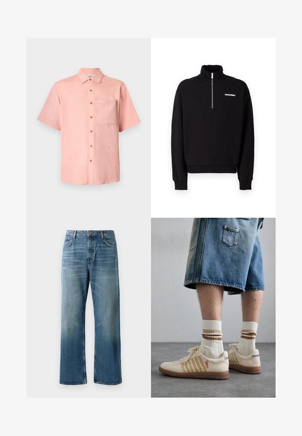 Mustaga tõmblukuga kapuutsiga jaki, mis on valmistatud puuvilla segamakst kangast, omab kõrget kraed, pikkasid varrukaid ja esitlogoga detaili.; Lühikese varrukaga särk heleses roosas, valmistatud linast, nööpidega ees ja rinna taskuga. Disaini aksentideks on naturaalsed puidust nööbid.; Heledad sinised laiad teksad, millel on pleekinud pesu, koos ühe nupuga kinnitusega, viie taskuga ja kontrastõmblustega.; Beežid retro tennised pruuni kummitaldaga, millel on triibulised aktsendid ja tikitud logod. Kanda valgete sokkidega, triibuline pruuni detailiga.