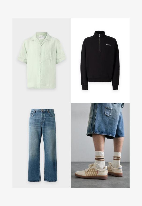 Fekete zipzáras kapucnis pulóver pamut keverék anyagból, magas nyakkal, hosszú ujjakkal és elülső logó részlettel.; Rövid ujjú, világos zöld vászon ing, gombos elülső résszel, gallérral és egyetlen mellzsebbel. Finom textúra és laza szabás jellemzi.; Világoskék, széles szárú farmer, elhasználódott mosással, egy gombos záródással, öt zsebbel és kontrasztos varrással.; Bezs árnyalatú retro sportcipők barna gumitalppal, csíkos díszítéssel és hímzett logókkal. Fehér zoknikkal viselve, csíkos barna részletekkel.