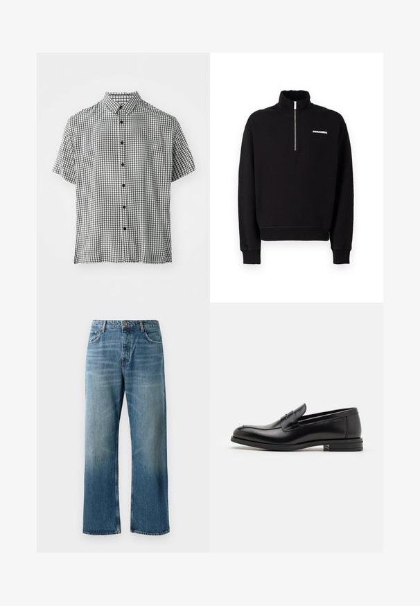 Felpa nera con zip realizzata in un tessuto misto cotone, con colletto alto, maniche lunghe e un dettaglio del logo frontale.; Camicia a maniche corte con bottoni, caratterizzata da un motivo a griglia bianco e nero, con colletto classico e bottoni neri lungo la parte frontale.; Jeans a palazzo azzurri chiari con lavaggio sbiadito, dotati di chiusura con un bottone, cinque tasche e cuciture in contrasto.; Mocassini neri in pelle con una texture liscia, punta arrotondata e una striscia decorativa sulla tomaia. Tacco basso impilato, design minimalista.