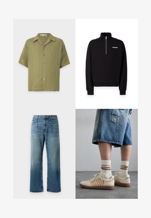 Mustat vetoketjulliset hupparit, jotka on valmistettu puuvillasekoitteesta. Niissä on korkea kaulus, pitkät hihat ja etupuolella logo.; Olivi vihreä lyhythihainen paita, jossa on teksturoitu kangas, nappisuljenta ja lovellinen kaulus. Ominaisuuksiin kuuluu rento leikkaus ja hillitty kudontakuvio.; Vaaleansiniset leveät farkut haalistuneella pesulla, joissa on nappisulku, viisi taskua ja erottuva tikkaus.; Beige retro lenkkarit ruskealla kumipohjalla, joissa on raidalliset yksityiskohdat ja brodeeratut logot. Yhdistetty valkoisten sukien kanssa, joissa on ruskeat raidat.