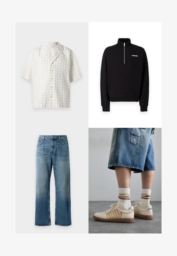 Černá mikina na zip vyrobená z bavlněného směsového materiálu, s vysokým límcem, dlouhými rukávy a předním detailem s logem.; Košile s krátkým rukávem ve světle béžové barvě s kostkovaným vzorem. Obsahuje klopený límec a zapínání na sedm knoflíků.; Svetle modré kalhoty s širokými nohavicemi a vybledlým vzhledem, vybavené zapínáním na jeden knoflík, pěti kapsami a kontrastním prošíváním.; Bežové retro tenisky s hnědou gumovou podrážkou, zdobené pruhovanými detaily a vyšitými logy. Nosené s bílými ponožkami, pruhovaný hnědý detail.
