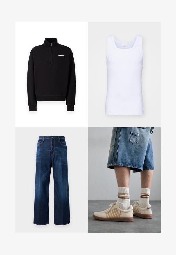Hanorac negru cu fermoar, dintr-un material din amestec de bumbac, având guler înalt, mâneci lungi și un detaliu cu logo în față.; Top din bumbac alb fără mâneci, cu un decolteu rotund, având o textură netedă și o formă ajustată, conceput pentru purtarea casual.; Jeans din denim albastru închis, cu o croială lejeră, picioarelate și ușoare decolorări. Prezintă detalii cusute și o etichetă cu marcă pe talie.; Sneakers retro bej cu talpă din cauciuc brun, având accente în dungi și logo-uri brodate. Purtați cu șosete albe, detaliu în dungi maronii.