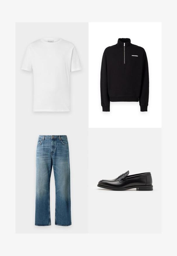 Sweatshirt preto com fecho éclair, feito de um tecido misto de algodão, apresentando um colarinho alto, mangas longas e um detalhe de logótipo na frente.; T-shirt branca de manga curta feita de algodão. Apresenta um decote redondo e uma bainha reta. Sem padrões ou adornos. Design simples.; Calças de ganga de perna larga em azul claro com um efeito desgastado, apresentando fecho de botão único, cinco bolsos e costuras em contraste.; Mocassins de couro preto com uma textura suave, bico arredondado e uma faixa decorativa sobre o peito do pé. Salto baixo e empilhado, design minimalista.