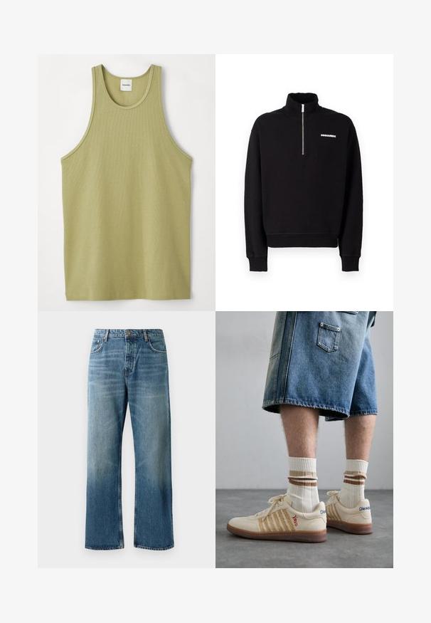 Black zip-up sweatshirt made of cotton blend fabric, featuring a high collar, long sleeves, and a front logo detail.; Light green ribbed tank top with a round neckline and wide armholes. The fabric appears soft with a subtle texture and regular hem.; Light blue wide-leg jeans with a faded wash, featuring single-button closure, five pockets, and contrasting stitching.; Beige retro sneakers with brown rubber sole, featuring striped accents and embroidered logos. Worn with white socks, striped brown detail.