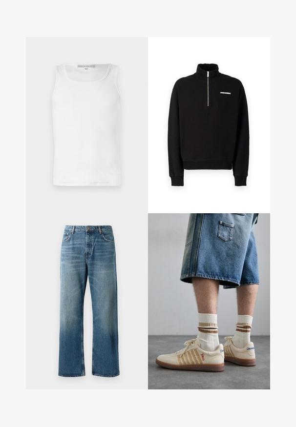 Black zip-up sweatshirt made of cotton blend fabric, featuring a high collar, long sleeves, and a front logo detail.; White cotton tank top with a rounded neckline and sleeveless design. Features a ribbed texture and a straight hem at the bottom.; Light blue wide-leg jeans with a faded wash, featuring single-button closure, five pockets, and contrasting stitching.; Beige retro sneakers with brown rubber sole, featuring striped accents and embroidered logos. Worn with white socks, striped brown detail.