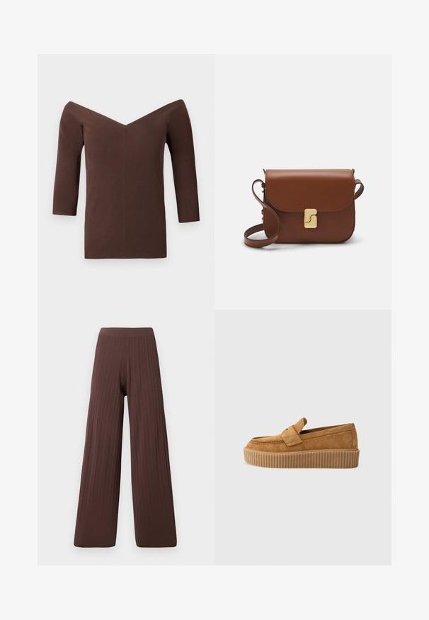 Braun geripptes Off-Shoulder-Top mit V-Ausschnitt, ausgestattet mit Dreiviertelärmeln und einer figurschmeichelnden Silhouette. Glatte Textur überall.; Weite Hosen aus dunkelbraunem geripptem Stoff, mit einem hohen Bund und fließender Silhouette, die Textur und Volumen betonen.; Brauner Wildleder-Loafer mit runder Zehenform, ausgestattet mit einer gerippten Plattformsohle und einem dekorativen Riemen über dem Obermaterial.; Braune Ledertasche mit Klappenverschluss, Beschlägen in Goldfarbe, einem Schultergurt und einer glatten Oberfläche. Kompakte rechteckige Form.