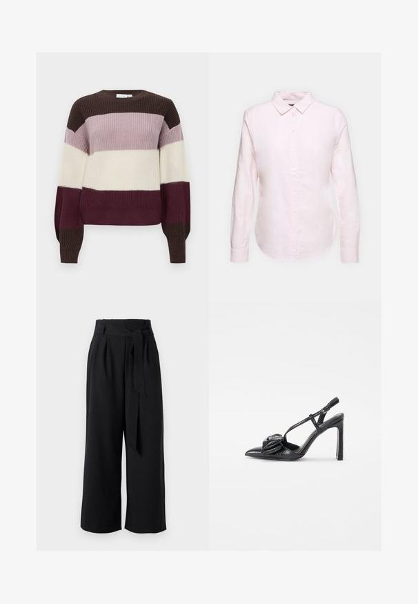 Kötött pulóver vízszintes csíkokkal sötétbarna, világoslila, krémszínű és burgundi színben. Kerek nyakkivágás és hosszú ujjú, bordázott mandzsettával.; Világos rózsaszín hosszúujjú ing, gombos gallérral, egyenes hemmerrel és puha tapintással, könnyű pamut anyagból készült.; Fekete, bő szárú nadrág könnyű anyagból, megkötős derékkal, redőkkel és bokáig érő rövidített szabással.; Fekete, magassarkú cipő, hegyes orral, fényes felülettel, vékony pántokkal és díszes redőzött részlettel az elején.