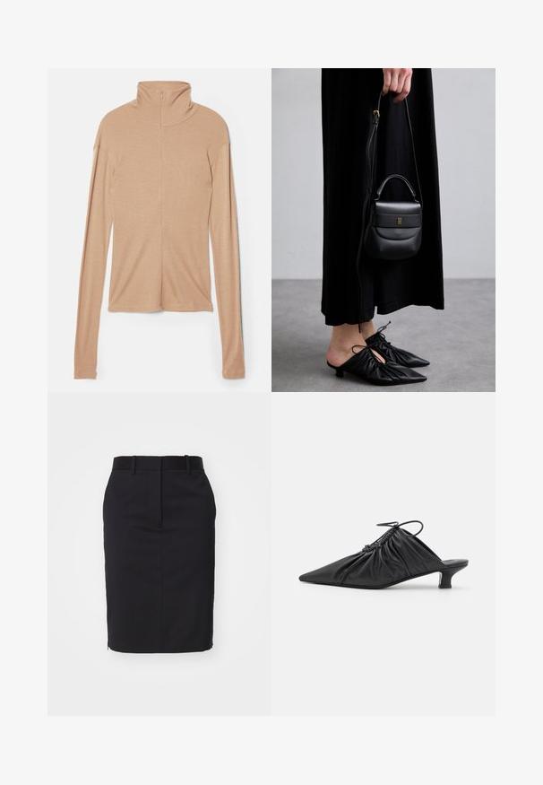 Svetlo béžový top s dlhými rukávmi, vysokým golierom a zipsom na chrbte, vyrobený z jemnej hladkej tkaniny; má priliehavý strih a rovný lem.; Čierna ceruzková sukňa s priliehavým strihom, vyrobená z hladkej látky. Obsahuje pás a rozparok vzadu pre pohodlný pohyb.; Čierne kožené slip-on mule s špicatou špičkou, zberanou textúrou a malým podpätkom. Obsahuje šnúrovací detail na otvorení.; Malá čierna kožená kabelka zaobleného tvaru, s hornou rukoväťou a odnímateľným popruhom. Nosená s čiernymi látkovými šatami a čiernymi plisovanými topánkami.