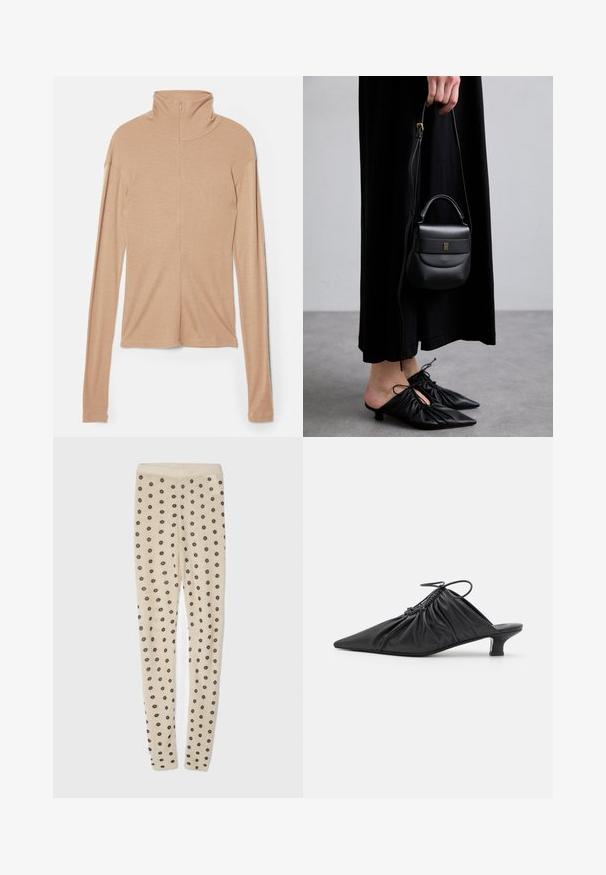 Světle béžový top s dlouhým rukávem a vysokým límcem, s zipem na zádech, vyrobený z měkké a hladké tkaniny; má přiléhavý střih a rovný lem.; Beige legíny s jemnou texturou, zdobené celoplošným vzorem malých tmavých květin. Elastický pas pro pohodlné nošení.; Černé kožené slip-on mule s špičatou špicí, shromážděnou texturou a malým podpatkem. Vlastnosti zahrnují stahovací detail na otvoru.; Malá černá kožená kabelka s zaobleným tvarem, horním madlem a odnímatelným popruhem. Nositelná s černými látkovými šaty a černými plisovanými botami.