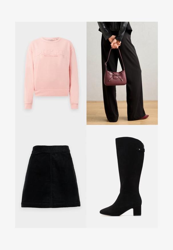 Ružová mikina z mäkkého materiálu, s rebrovanými manžetami a lemom. Na prednej strane sa nachádza embosovaný nápis "MO'PD Marc O'Polo DENIM."; Čierna kordová sukňa s priliehavým pásom, rovnom strihom a štruktúrovanou látkou s vertikálnym ryhovaním. Bez viditeľných uzáverov alebo ozdôb.; Čierne semišové čižmy po kolená s špicatou špičkou a blokovým podpätkom. Vyznačujú sa hladkou textúrou a jednoduchým dizajnom, s bočným pásikom ako akcentom.; Bordová kožená kabelka s detailom mašle, so slankou rúčkou a zlatými prvkami, držaná osobou v čiernych nohaviciach.