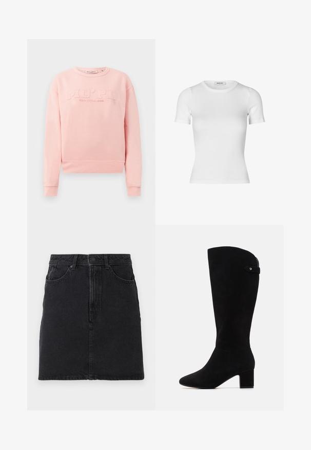 Ružičasti dukserica od mekog materijala, s rebrastim manžetama i donjim rubom. Na prednjoj strani nalazi se utisnuti tekst "MO'PD Marc O'Polo DENIM."; Bijela majica kratkih rukava izrađena od rebrastog pamuka. Prilagođeni dizajn s okruglim izrezom i glatkom teksturom. Bez uzoraka ili ukrasa.; Crna traper suknja ravnog kroja, s prednjim kopčanjem na dugme i patent zatvaračem, dva prednja džepa i jednostavnim detaljima šivanja.; Crne suknje na koljenima od antilopa s špicastim vrhom i blok petom. Imaju glatku teksturu i jednostavan dizajn, s naglaskom na bočnu traku.