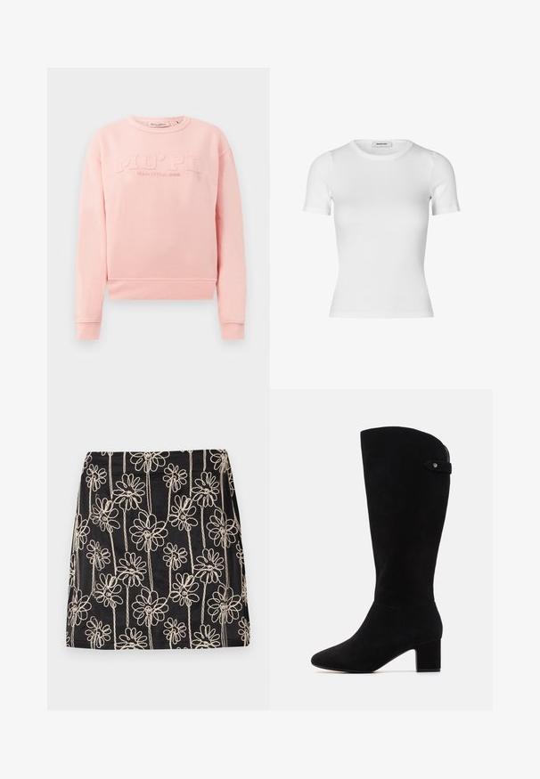 Vaaleanpunainen collegepaita, joka on valmistettu pehmeästä kankaasta ja jossa on ribbaatut hihansuut ja helma. Edessä on kohotettu teksti "MO'PD Marc O'Polo DENIM."; Valkoinen lyhythihainen t-paita, joka on valmistettu ribbikankaasta. Tiukka malli, jossa on pyöreä pääntie ja sileä rakenne. Ei kuvioita tai koristeita.; Musta hame, jossa on valkoista kukkaompeleet ja kaarevat kuviot. Sujuva pinta ja kapea malli, näkyvillä ompelutiedot.; Mustat mokkanahasta valmistetut polvipituiset saappaat, joissa on terävä kärki ja lohkarekorko. Saappaat ovat sileäpintaiset ja yksinkertaisissa muodoissa, aksenttina on sivuhihna.