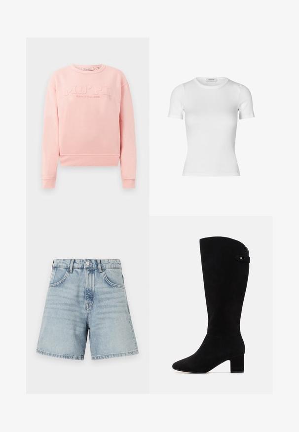 Rosa sweatshirt tillverkad av mjukt tyg, med ribbade ärmslut och i nederkant. Framsidan pryds av präglande text "MO'PD Marc O'Polo DENIM."; Vit kortärmad t-shirt i ribbat bomullstyg. Fitted design med rundad halsringning och en slät textur. Ingen mönstring eller dekoration.; Ljusblå denimshorts med hög midja, femfickorsdesign och rå fåll. Tyget har en lätt blekning med synliga sömnadsdetaljer.; Svarta mocka knähöga stövlar med spetsig tå och blockklack. Har en slät textur och en enkel design, med en sidrem accent.