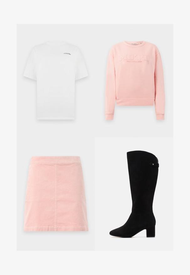 Rózsaszín pulóver, puha anyagból készült, bordás mandzsettákkal és aljjal. A frontrészen a "MO'PD Marc O'Polo DENIM" felirat látható, amely dombornyomott.; Fehér pamut póló rövid ujjakkal, kerek nyakkivágással és kis fekete szöveges logóval a bal mellrészen. Sima textúra és standard fazon.; Rózsaszín kordbársony mini szoknya, berakott derékkal és függőleges bordázott textúrával. Az alja egyenes, és az egész dizájn egyszerű, díszítések nélkül.; Fekete velúr térd fölé érő csizmák hegyes orral és tömbsarkúval. Simák a tapintásuk és egyszerű a dizájnjuk, oldalsó pánt díszítéssel.