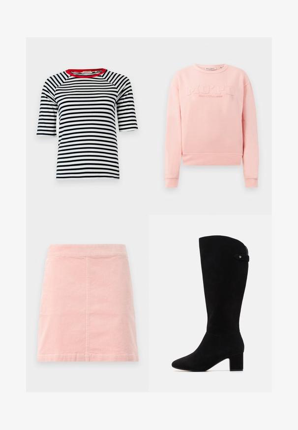 Roza majica s kapuco iz mehkega blaga, s rebrovanimi manšetami in robom. Spredaj je prikazana embosirana besedilo "MO'PD Marc O'Polo DENIM."; Prugasta majica s mornarsko plavim i bijelim vodoravnim prugama, crvenim izrezom, raglan rukavima i mekanim pamučnim materijalom, koji pruža opušteni kroj.; Rožnate kordurojske mini krilo s prilegajočim pasom in vertikalno rebrasto teksturo. Rob je ravno, krilo pa ima preprost dizajn brez okrasnih elementov.; Črne semiš škornje do kolen s koničastim nosom in blok peto. Imajo gladko teksturo in preprost dizajn, s stranskim trakom kot poudarkom.