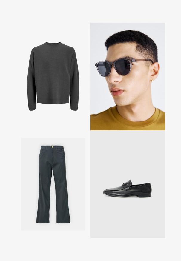 Pilka per didinimo dydžio džemperis su apvaliu kaklu, ilgomis rankovėmis ir elastingomis apykaklės bei rankovių dalimis. Minkšta tekstūra be matomų raštų ar puošmenų.; Juodos kelnės su tiesiu kirpimu, pagamintos iš medvilnės mišinio. Turi metalinį mygtuką ir šonines kišenes. Be matomų raštų.; Juodos odinės loafers tipo bateliai su suapvalintu špižiku, siuvinėtomis detalėmis, plačia juosta per pėdos viršų ir žemu, plokščiu kulnu. Lygi apdaila.; Pilki apvalūs saulės akiniai su skaidriu rėmeliu, turintys tamsius objektyvus ir plonas, šilkines kojas. Juos dėvi asmuo su trumpais garbanotais plaukais.
