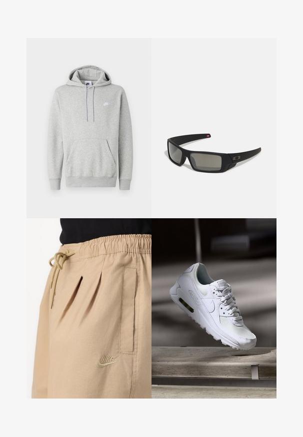 Camisola com capuz cinza claro feita de tecido macio, apresentando um bolso canguru, capuz com cordão ajustável e um pequeno logotipo branco no peito.; Calções Nike bege com um cós elástico e cordão, pregas laterais e um pequeno logótipo bordado na perna esquerda.; Sapatilha Nike Air Max 90 branca com parte superior em malha e couro, caixa de dedos perfurada e uma unidade de ar visível no calcanhar.; Óculos de sol pretos com acabamento mate, lentes retangulares, leve curvatura nas hastes, detalhe sutil do logo e lentes de cor fumada.