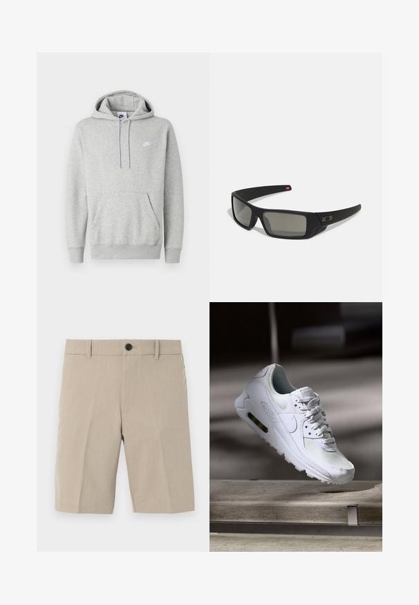Helehall kapuutsiga dressipluus pehmest kangast, millel on kängurutasku, nööriga kapuuts ja väike valge logo rinnal.; Bežid lühikesed püksid tasasel esiosal, kerge tekstuuriga, ühe nööbiga kinnitusega, vöökohaga ja kahe külgtaskuga. Kohandatud lõige, pikkus põlvini.; Valged Nike Air Max 90 sneakers, millel on võrkkangast ja nahast ülemine osa, aukudega varbadosa ning nähtav õhuüksus kandades.; Mustad mustaga viimistlusega prillid, ristkülikukujulised läätsed, templite kerge kõverus, diskreetne logo detail ja suitsutatud läätsed.