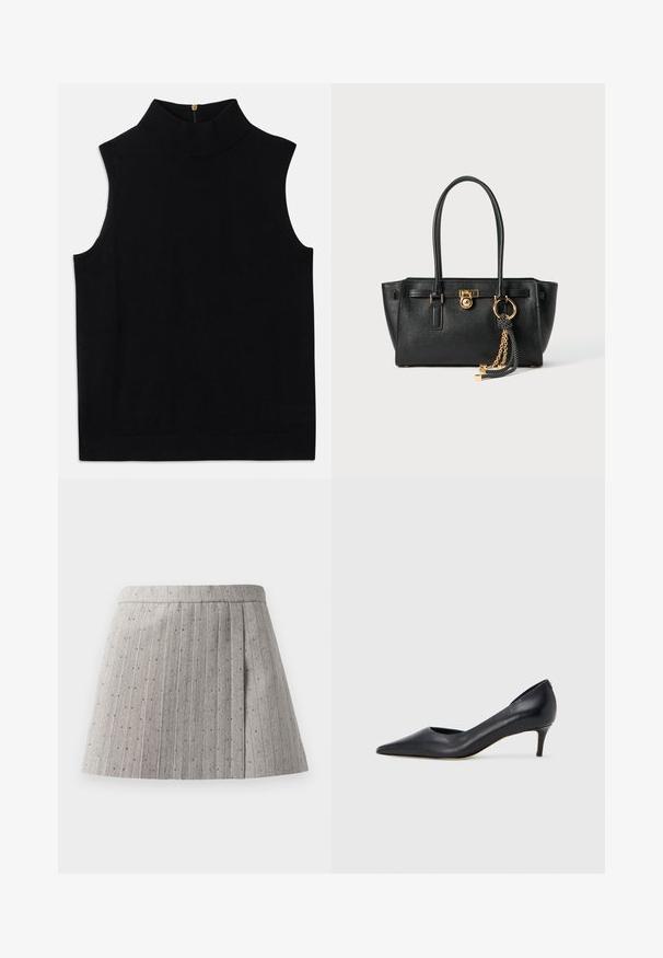 Schwarz ärmelloses Rollkragenoberteil aus weicher Material, mit hohem Kragen und einem Reißverschluss auf der Rückseite. Einfaches Design ohne Muster oder Akzente.; Grauer, plissierter Rock aus strukturiertem Stoff, mit vertikalen Streifen und kleinen, gleichmäßig verteilten dekorativen Akzenten.; Schwarzer Pumps aus Leder mit spitzer Zehenpartie und niedrigem Absatz. Verfügt über eine glatte Textur und dezenten Glanz. Vordere Öffnung für ein zusätzliches Detail.; Schwarze Lederhandtasche mit doppelten Griffen, goldfarbener Verschluss- und Kettendetails sowie einem schwarz-weißen Quastenaccessoire vor weißem Hintergrund.