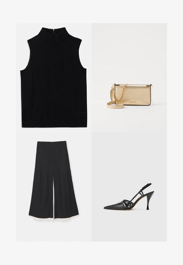 Juodas be rankovių golfas, pagamintas iš minkštos medžiagos, su aukšta apykakle ir užtrauktuku nugaroje. Paprastas dizainas, be raštų ar akcentų.; Juodi plačiai kojiniai kelnių su priekine skyle, turintys lygią tekstūrą ir kontrastingą baltą pamušalą apatine dalimi. Užsegimas nugaroje su užtrauktuku.; Juodas odinis aukštakulnis slingback batelis su smailiu noseliu, kryžminiu dirželiu ir plonu stiletto kulnu. Lygus paviršius ir minimalūs akcentai.; Metaliniu auksu padengtas odinis rankinukas su tekstūruotu paviršiumi, kuris turi auksinį grandinėlės dirželį ir nuimamą petį. Įspaustas prekės ženklas.