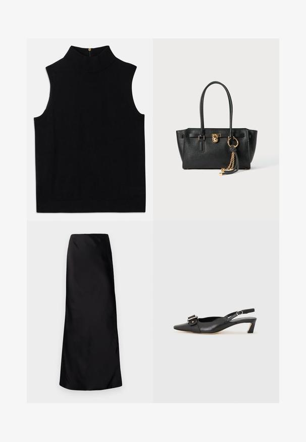 Zwarte mouwloze coltrui gemaakt van zacht materiaal, met een hoge kraag en een rits aan de achterkant. Eenvoudig ontwerp zonder patronen of accenten.; Norma Kamali BIAS OBIE SKIRT - Maxirok - black; Zwarte leren slingback schoen met scherpe neus, kleine hak en decoratieve gespdetails op de bovenkant. Stijlvolle textuur, minimalistisch ontwerp.; Zwarte leren handtas met dubbele handgrepen, gouden slot en kettingdetail, en zwart-witte franjer accent tegen een witte achtergrond.