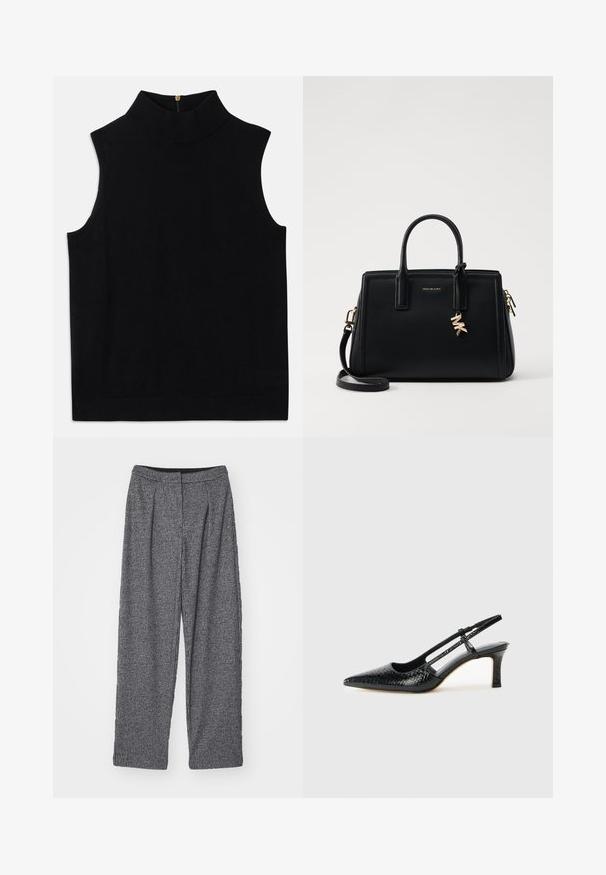 Melna bezpiedurkņu topa ar augstu apkakli, izgatavota no mīksta materiāla, ar aizmugurējo rāvējslēdzēja aizdari. Vienkāršs dizains bez rakstiem vai akcentiem.; Gaišas pelēkas bikses ar augstu jostu, platām kājām un gurniem. Izgatavotas no teksturētas auduma ar monohromu rakstu.; Melna patent āda ar slīdošo papēdi un smailo purngalu, ar teksturētu čūsku drukājumu, regulējamu siksniņu un īsu teksturētu blokpapēdi.; Melnas ādas rokas soma ar strukturētu dizainu, dubultiem augšējiem rokturiem, noņemamu plecu siksnu, zelta aparatūru un logo piekariņu akcentu.