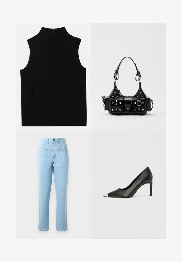 Fekete ujjatlan garbó felső puha anyagból, magas gallérral és hátsó cipzárral. Egyszerű dizájn, minta vagy díszítés nélkül.; Magas derékú, világoskék farmernadrág elülső zsebekkel, gombos és cipzáras záródással, egyenes lábszárral.; Fekete bőr magas sarkú cipő hegyes orral és fém ezüst orrtippel. Simább kivitelű, karcsú, 10 cm-es sarokkal.; Fekete bőr kézitáska ívelt designnal, ezüst szegecsekkel, csattal és két oldalsó zsebbel. Állítható vállpánt a hordozási lehetőségekhez.
