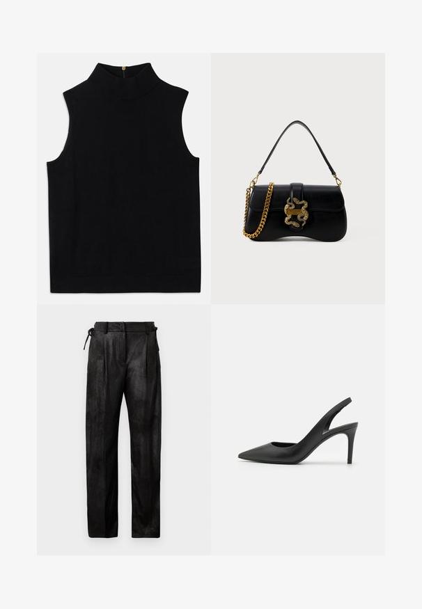 Top preto sem mangas tipo gola alta, feito de material suave, apresentando um colarinho alto e fecho zipp na parte de trás. Design simples sem padrões ou detalhes.; Calças pretas de cintura alta feitas de um material texturizado. Apresentam uma perna reta, pregas e um cordão ajustável na cintura.; Sandalias de salto alto em couro preto com design de bico fino, apresentando um recorte na parte da frente e um salto stiletto fino.; Bolsa de mão em couro preto com formato curvado, detalhe em cobra dourada e alça em cadeia. Apresenta um fecho de aba com uma placa de logotipo metálica.