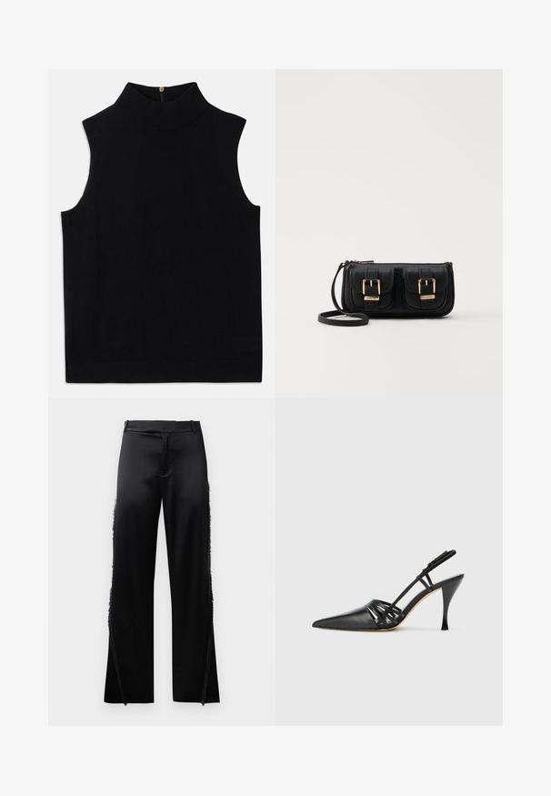 Mustast ilma varrukat turtleneck topist, mis on valmistatud pehmest materjalist, kõrge kraega ja seljas tõmbekindla lukuga. Lihtne disain, ilma mustrite või aktsentideta.; Mustad satiinpüksid laia säärega, mille külgseintel on fruuride detailid ja lame talje. Seljaosa on lihtne, ilma taskuteta.; Must musta kõrgtehnoloogiline suss, terava ninaga, ristcross rihmade disainiga ja õhukese stilettokontsaga. Sile tekstuur ja minimaalne kaunistus.; Must küllastamata nahast õlakott, millel on kaks esist nähtavat taskut, kuldsed pandlad, tõmblukuga sulgemine ja peen rihm. Tekstuuriga pind ja kompaktne ristkülikukujuline kuju.