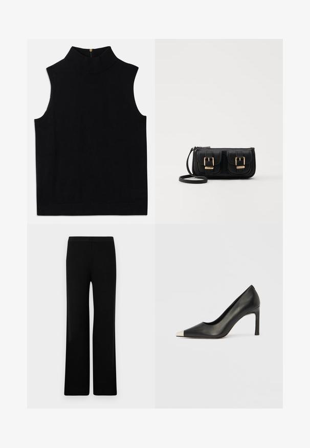 Fekete ujjatlan garbó felső puha anyagból, magas gallérral és hátsó cipzárral. Egyszerű dizájn, minta vagy díszítés nélkül.; Fekete, bő szárú nadrág sima textúrával és rugalmas derékpánttal, bordázott mintázattal. Egyszerű és sokoldalú fazon.; Fekete bőr magas sarkú cipő hegyes orral és fém ezüst orrtippel. Simább kivitelű, karcsú, 10 cm-es sarokkal.; Fekete bőr keresztbody táska két elülső zsebbel, arany csattokkal, cipzáras záródással és vékony pánttal. Textúrált felület és kompakt téglalap alak.