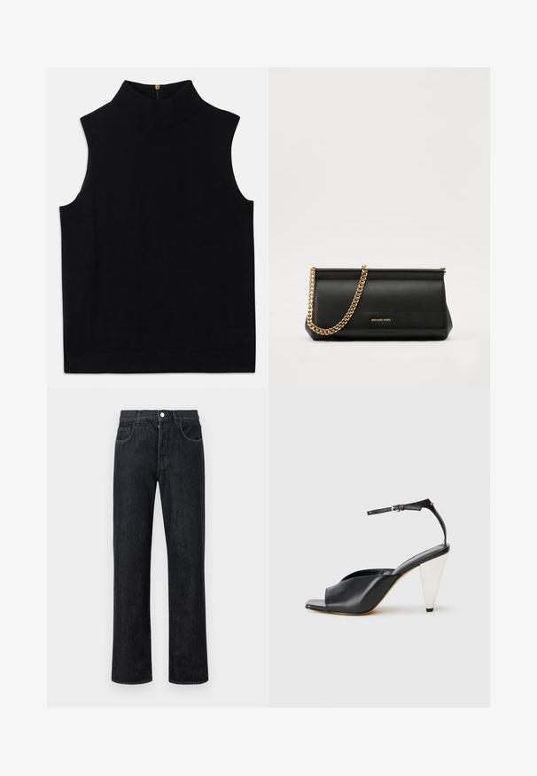 Crni bezrukavni turtleneck top napravljen od mekanog materijala, s visokim okovratnikom i zatvaranjem na zipu straga. Jednostavan dizajn bez uzoraka ili akcenta.; Crne traperice od denima ravnog kroja, s pet džepova, prednjim kopčanjem na gumb i kontrastnim šavovima uz šavove.; Crne kožne sandale s visokim potpeticama, otvorenim prstima, asimetričnim dizajnom, remenom oko članka i metalnom konusnom potpeticom. Glatka tekstura kroz cijelu cipele.; Crna kožna torbica sa zlatnim lančićem, koja se odlikuje glatkom teksturom, pravokutnim oblikom i utisnutim brendom na prednjoj strani.