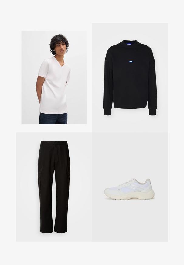 Juodas džemperis su ilgomis rankovėmis ir raukšlėtomis apykaklėmis. Viduryje ant krūtinės yra mažas mėlynas logotipas. Pagamintas iš minkštos medžiagos.; Balta trumpomis rankovėmis V formos iškirptės marškinėliai, pagaminti iš glotnaus, lengvo audinio, derinami su tamsiais džinsais. Paprastas dizainas, be matomų raštų.; Juodos krovinių kelnės, pagamintos iš medvilnės, laisvo kirpimo, su šoninėmis kišenėmis, mygtuko uždarymu ir tiesiomis kojomis. Paprastas dizainas, be raštų.; Balti sportiniai bateliai, pagaminti iš tinklinės medžiagos ir zomšos, su tekstūruotu viduriu, tekstūruotais akcentais ir „HUGO“ logotipu šone.