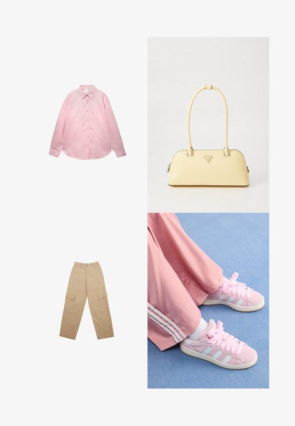 Cream-colored knit sweater with a round neck, ribbed cuffs, and hem. Soft texture with a slightly loose fit, featuring a simple, clean design.; Light pink long-sleeve button-up shirt with thin white vertical stripes and pointed collar, laid flat on a white background.; Beige cargo pants made of fabric, featuring two front pockets and a relaxed, wide-leg design. The waistband includes a button and zipper closure.; Pink athletic shoes with light blue stripes, round toe, and thick pink laces, paired with pink track pants featuring white side stripes.; Yellow patent leather handbag with a rounded shape, single top handle, and a silver logo plate. Features a zip closure and smooth texture.; Five bracelets: a dark wood bangle, two gold-tone metal chains, and two amber-colored resin rings with gold accents and smooth textures.