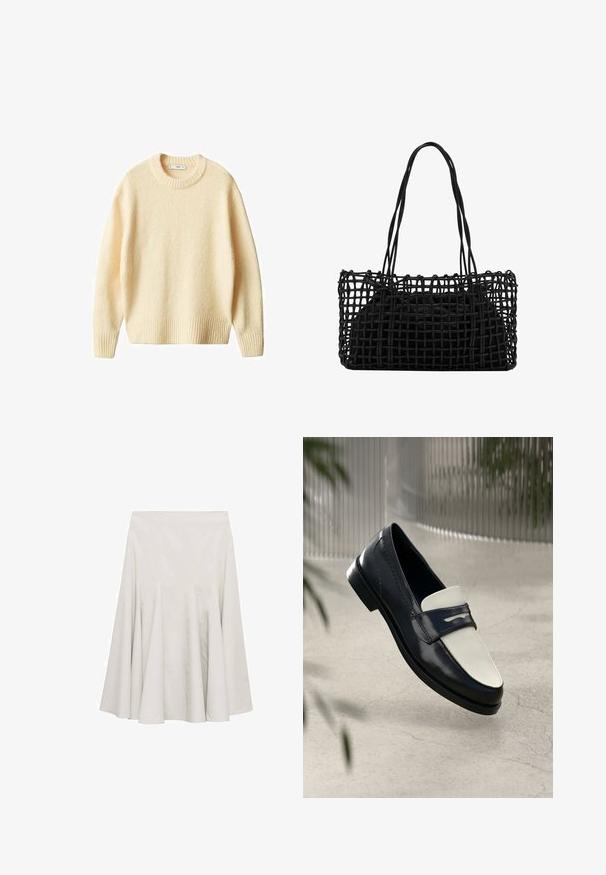 Kremowy sweter dziany z okrągłym dekoltem, ściągaczami na mankietach i dole. Miękka faktura z lekko luźnym krojem, charakteryzujący się prostym, eleganckim wzornictwem.; Kremowa spódnica w kształcie dzwonu, uszyta z gładkiego materiału, z plisami dodającymi objętości i prostym, nieozdobnym wzorem.; Czarno-białe skórzane loafersy z dekoracyjnym przeszyciem, unoszące się nad betonową podłogą z rozmytymi roślinami w tle.; Czarna pleciona torebka z otwartym siatkowym wzorem i dwiema długimi rączkami. Posiada solidną czarną wewnętrzną torbę do przechowywania.